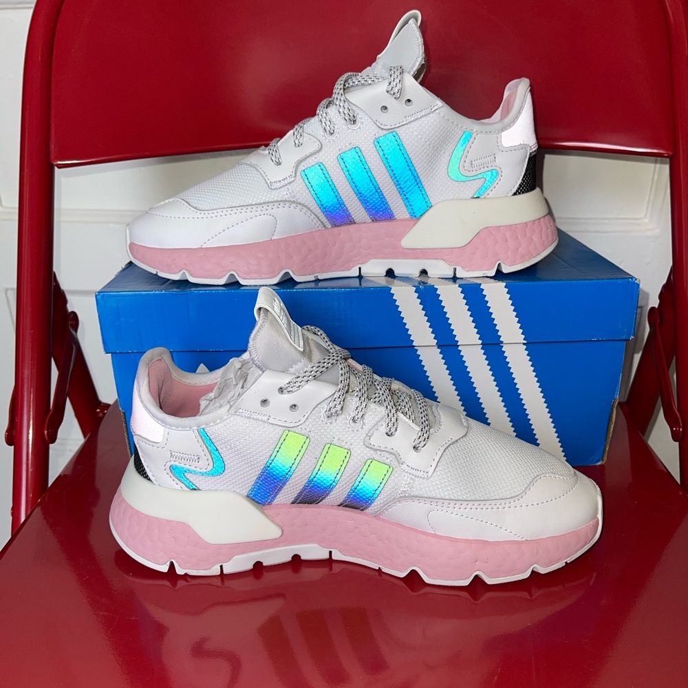 Adidas Women's Nite Joggers White and Pink Sneakers with Black Stripes